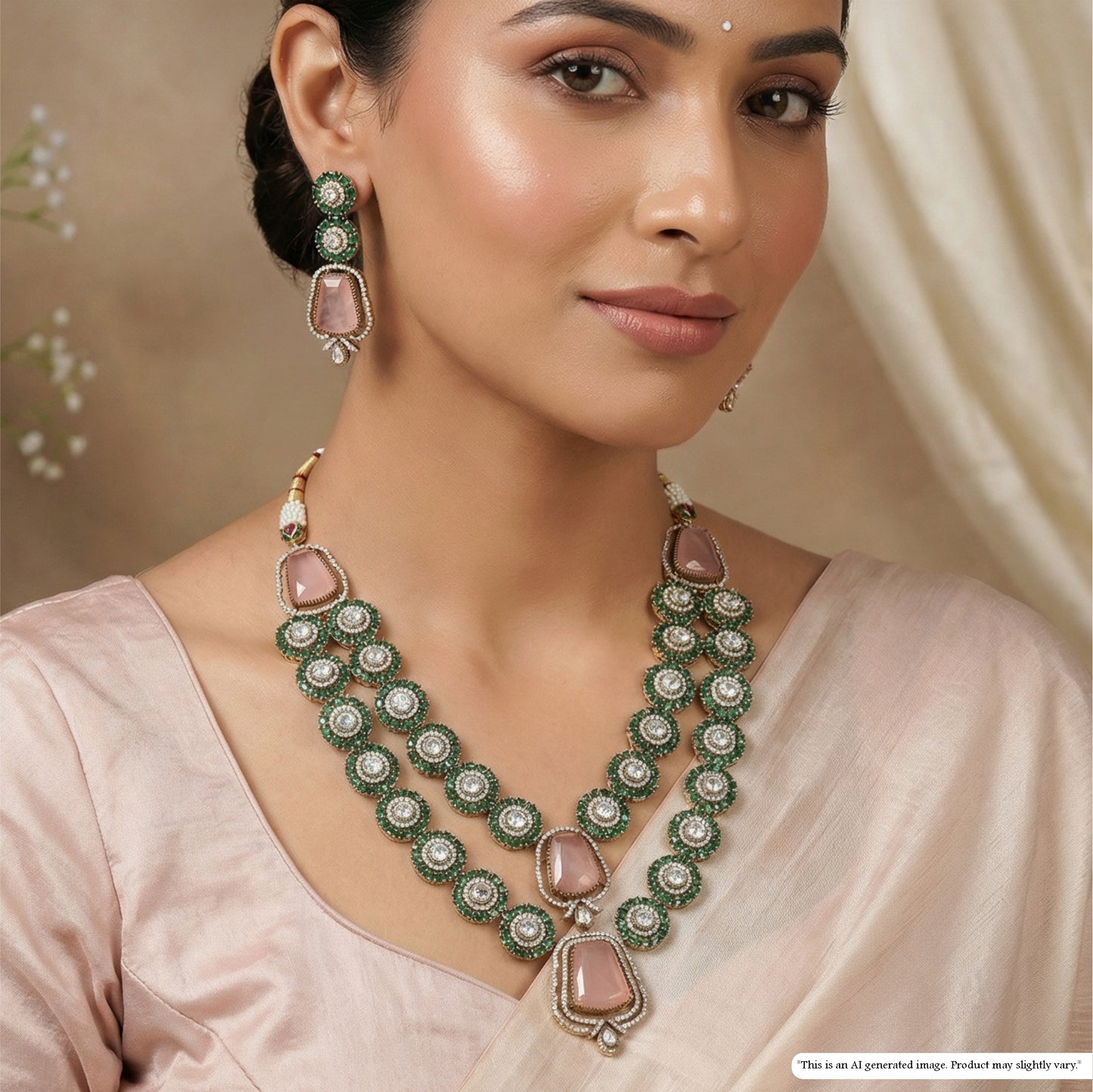 Dual Row Kundan Necklace with Circular Link Sequence and Framed Drop Pendant