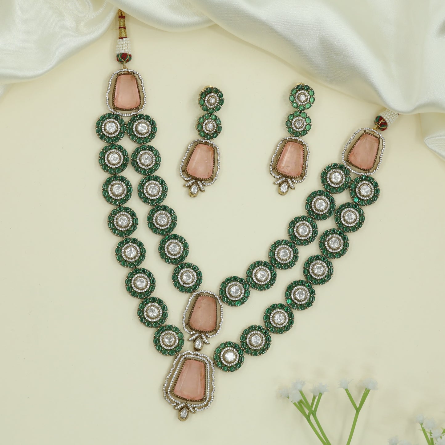Dual Row Kundan Necklace with Circular Link Sequence and Framed Drop Pendant
