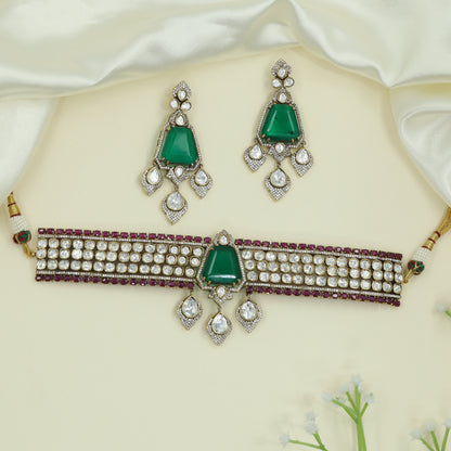 Decorative Panel Kundan Choker with Broad Structure and Drop Elements
