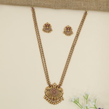 Woven Double Chain with Pendant featuring Side Peacock Elements and Fringe Detail