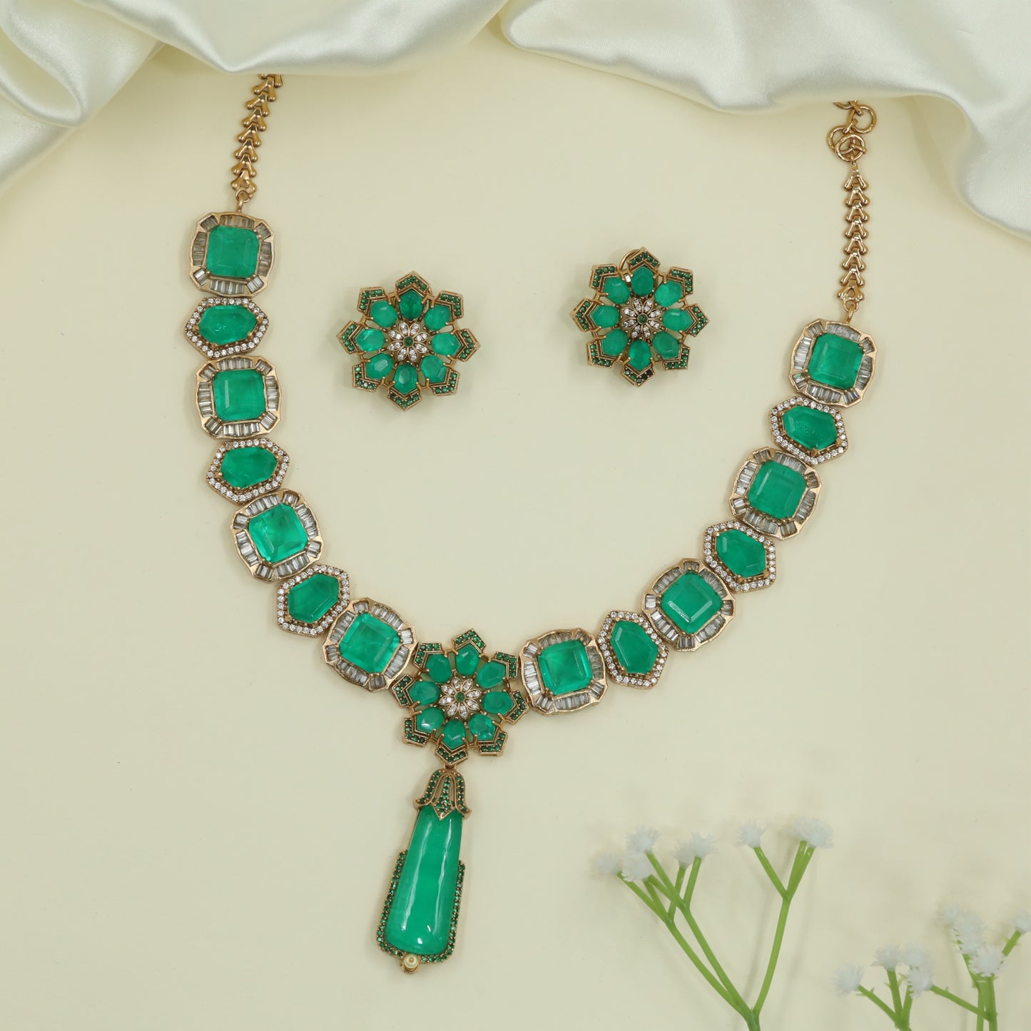Apex Grid Link Gold Necklace with Floral Centre Cluster and Long Drop Pendant