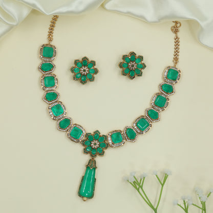 Apex Grid Link Gold Necklace with Floral Centre Cluster and Long Drop Pendant