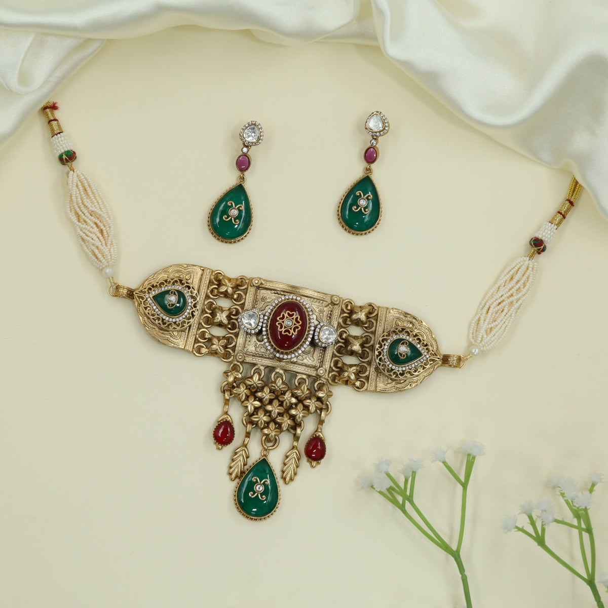Aureate Panel Gold Choker with Engraved Centre Plate and Drop Charms
