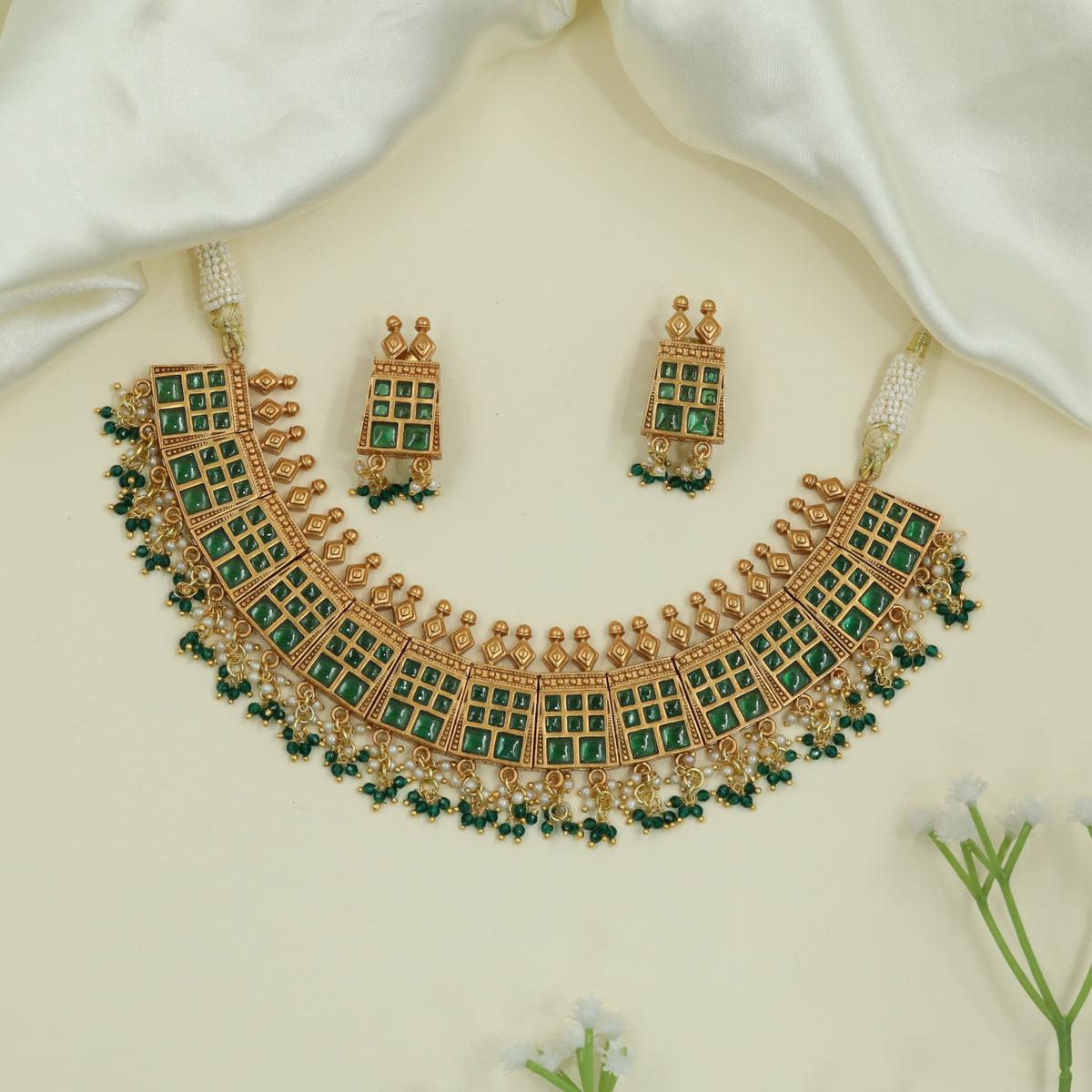 Aureate Grid Panel Matt Necklace with Square Units and Dense Drop Fringe