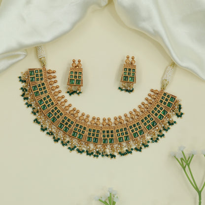 Aureate Grid Panel Matt Necklace with Square Units and Dense Drop Fringe