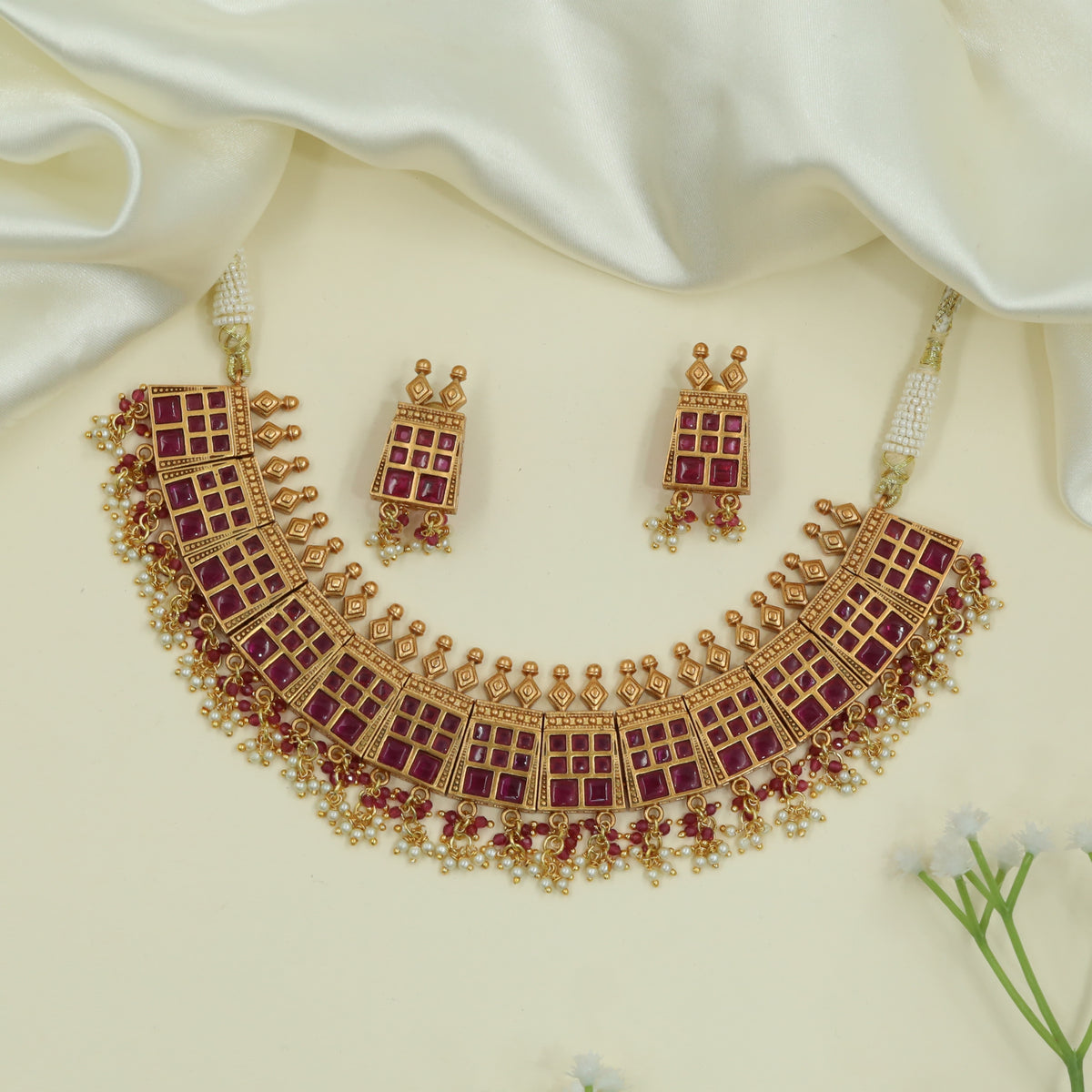 Aureate Grid Panel Matt Necklace with Square Units and Dense Drop Fringe