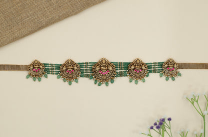 Radiating Lakshmi Panel Waist Belt with Multi Strand Bead Rows and Drop Fringe