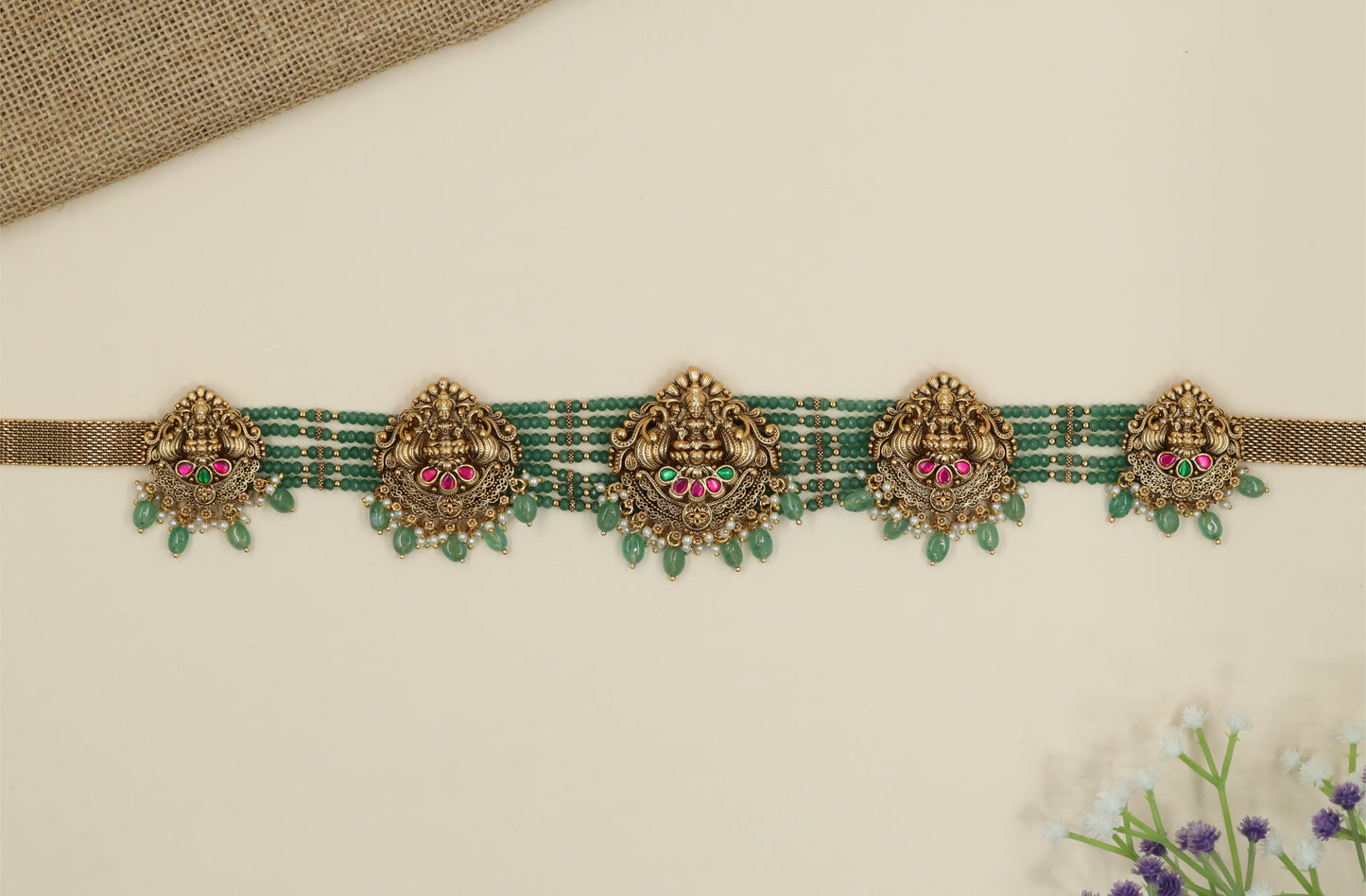 Radiating Lakshmi Panel Waist Belt with Multi Strand Bead Rows and Drop Fringe