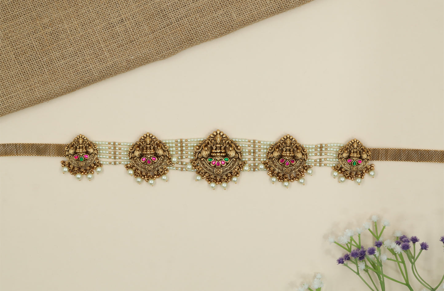 Radiating Lakshmi Panel Waist Belt with Multi Strand Bead Rows and Drop Fringe