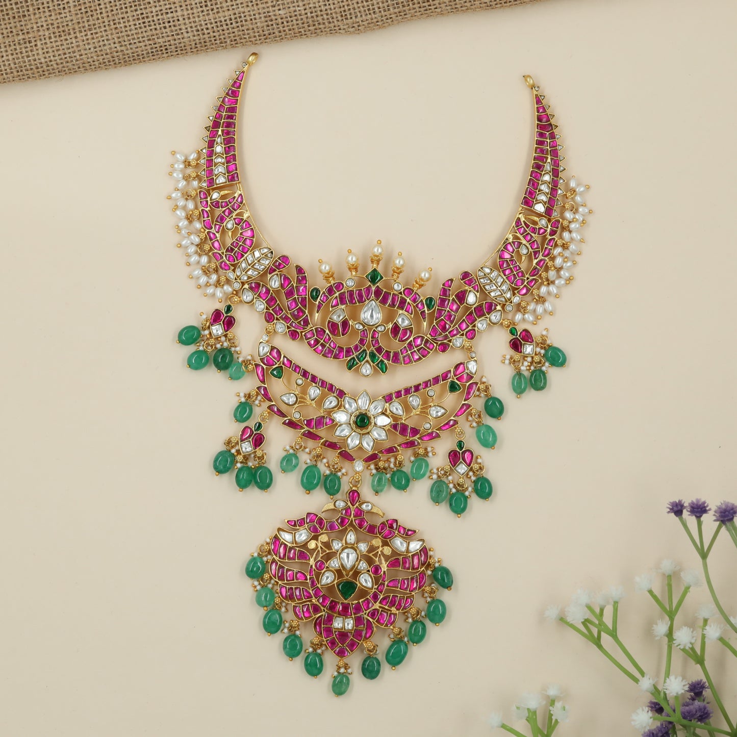 Feather Styled Mor Panel Jadau Necklace with Layered Centre and Bead Fringe