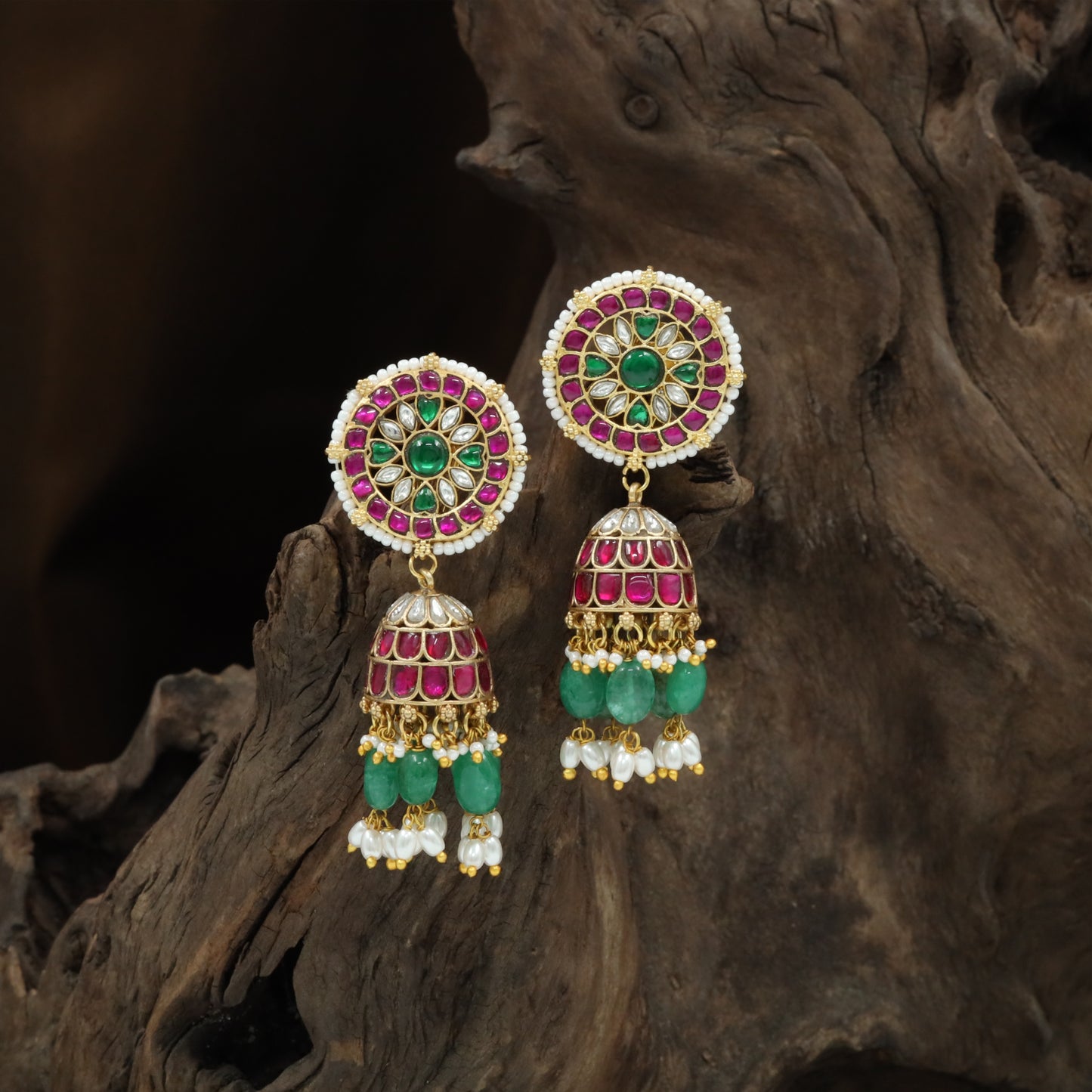Rosette Top Jadau Jumka with Beaded Outline and Hanging Cluster Layers