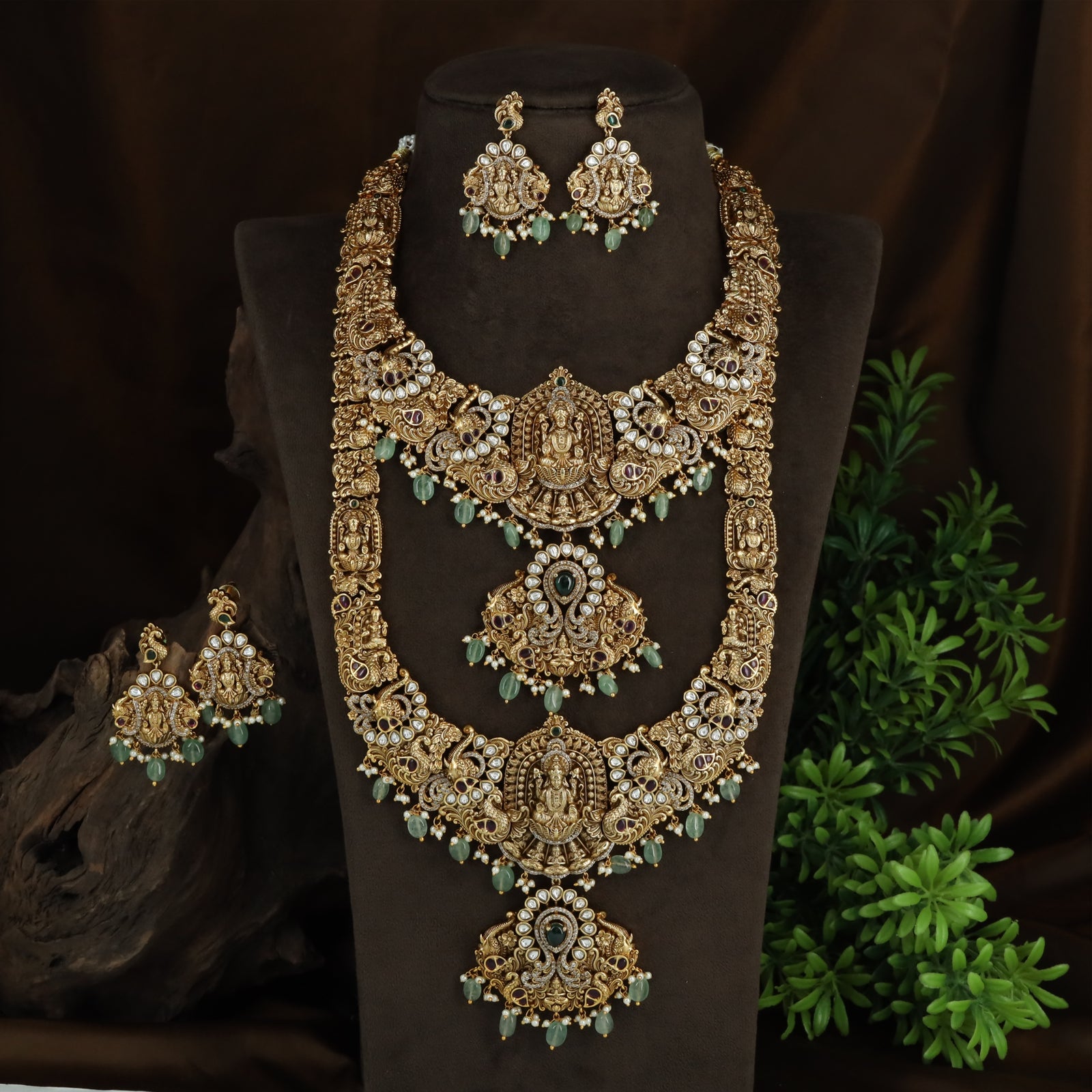 Peacock Panel Antique Combo Set with Lakshmi Medallions and Layered Necklace Pair