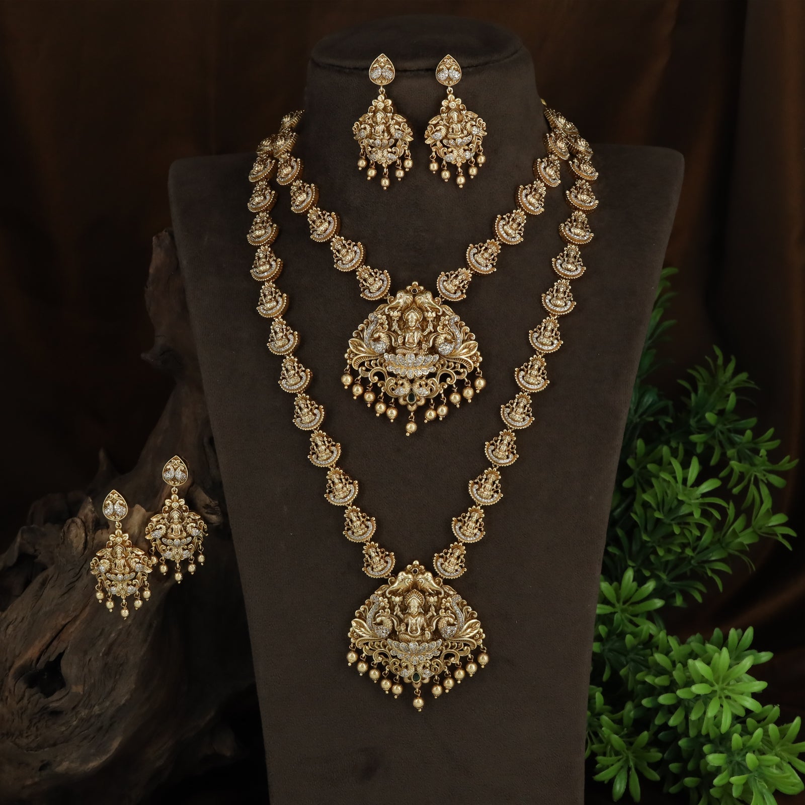 Traditional Paisley Antique Combo Set with Lakshmi Core Necklaces and Drop Earrings