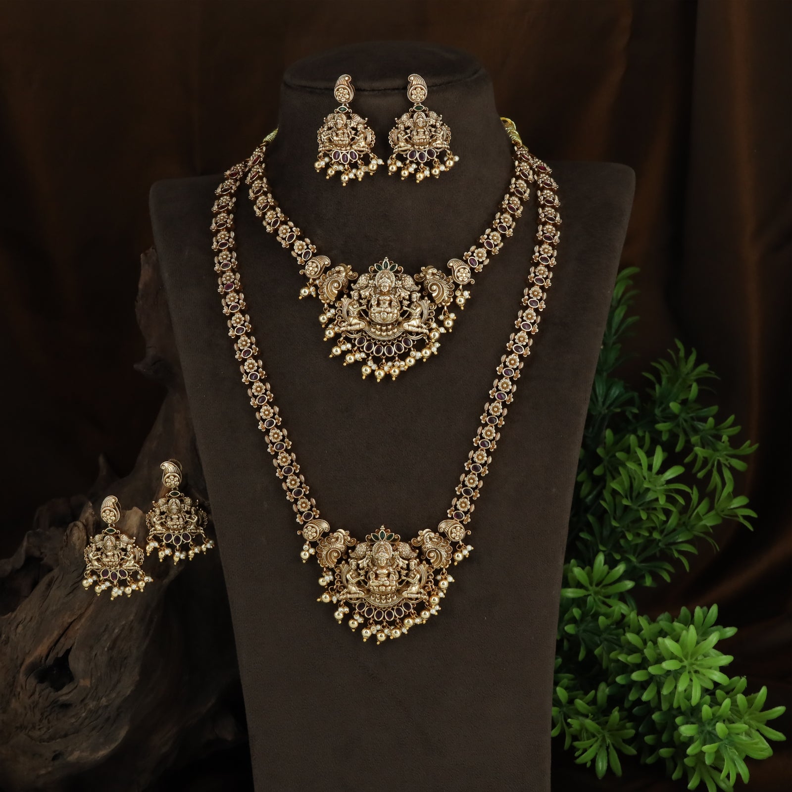 Grand Floral Link Antique Combo Set with Lakshmi Medallions and Dual Necklace Pair