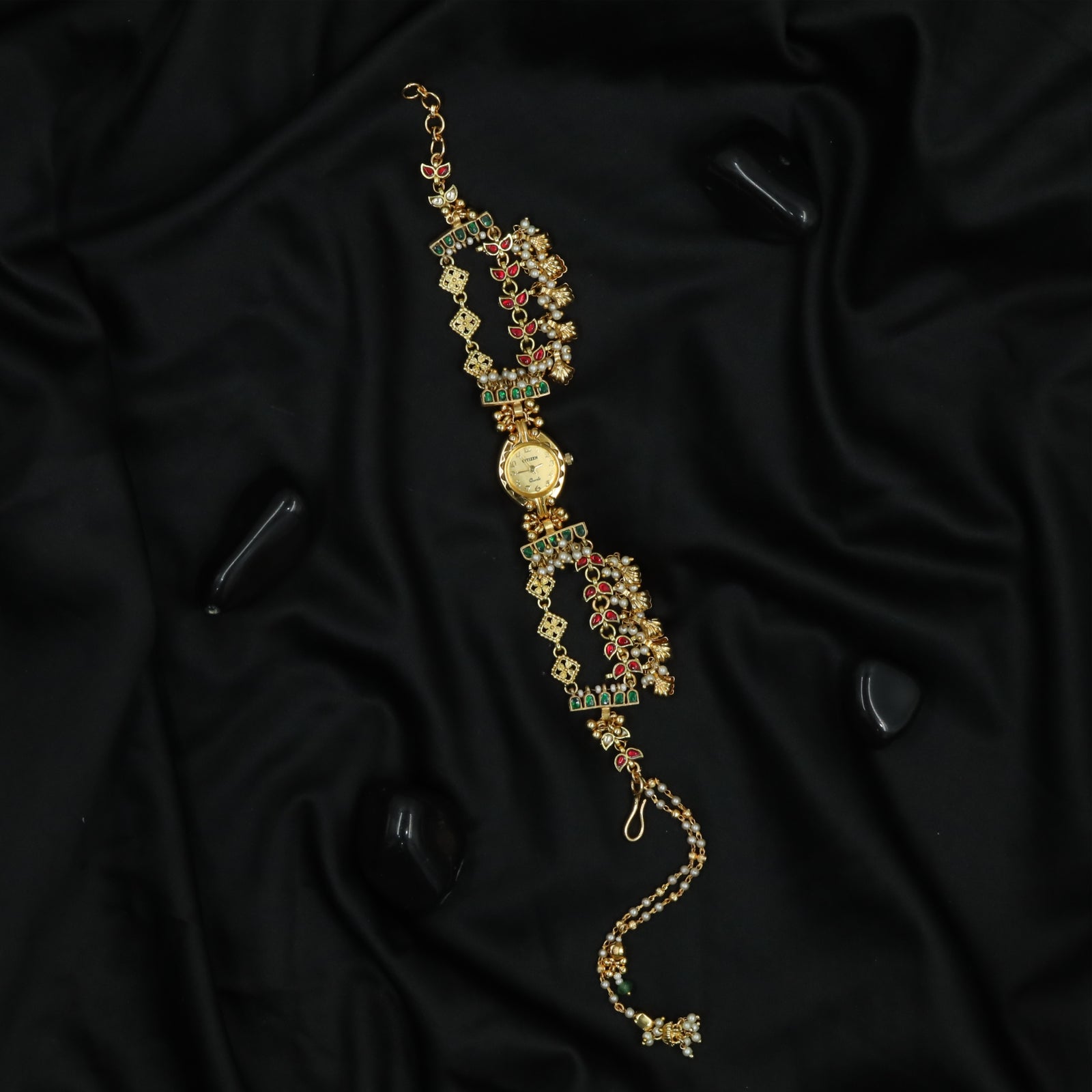 Curving Leafwork Kundan Watch with Stone Set Panels and Dangling Chain Detail