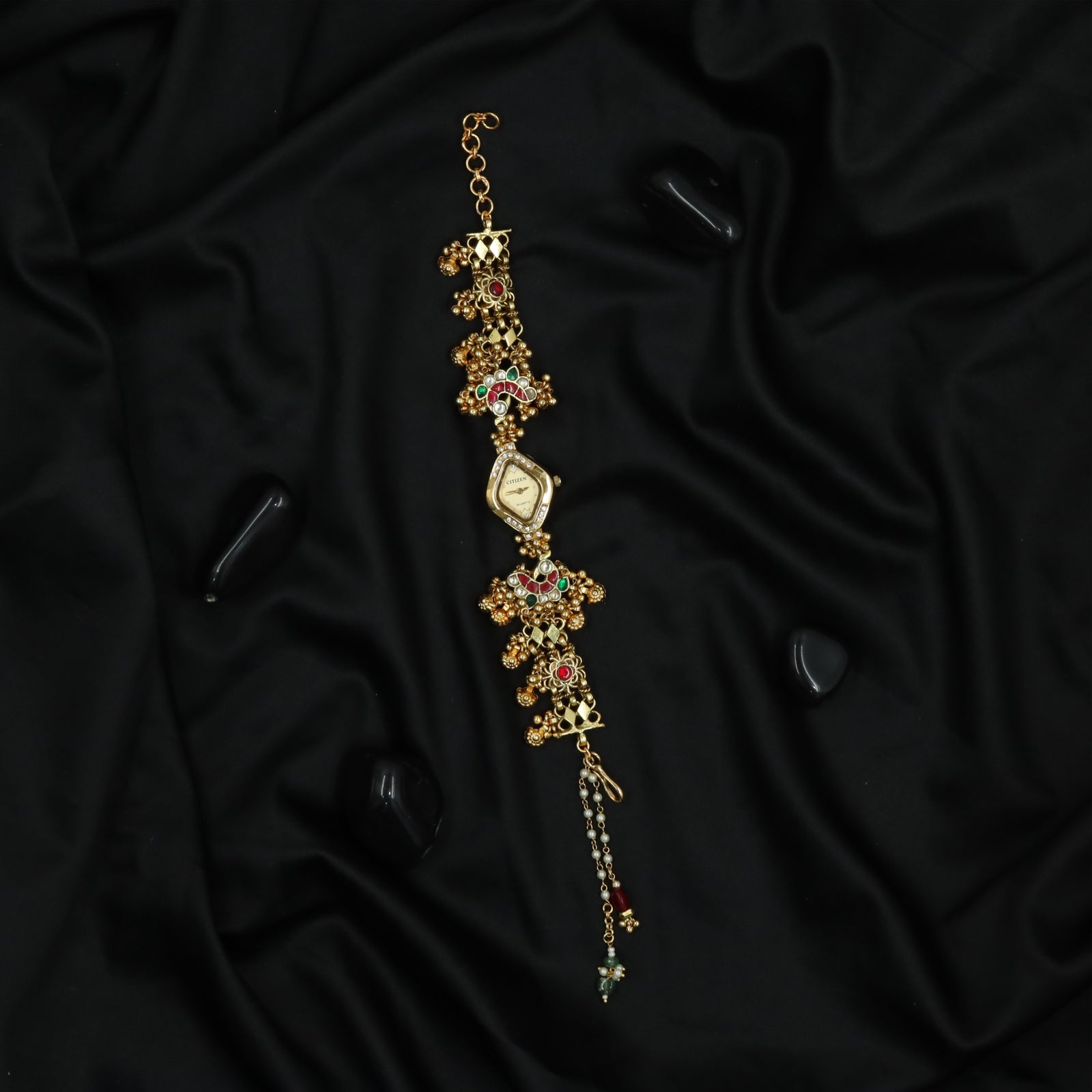 Stylish Peacock Motif Kundan Watch with Linked Units and Hanging Detail