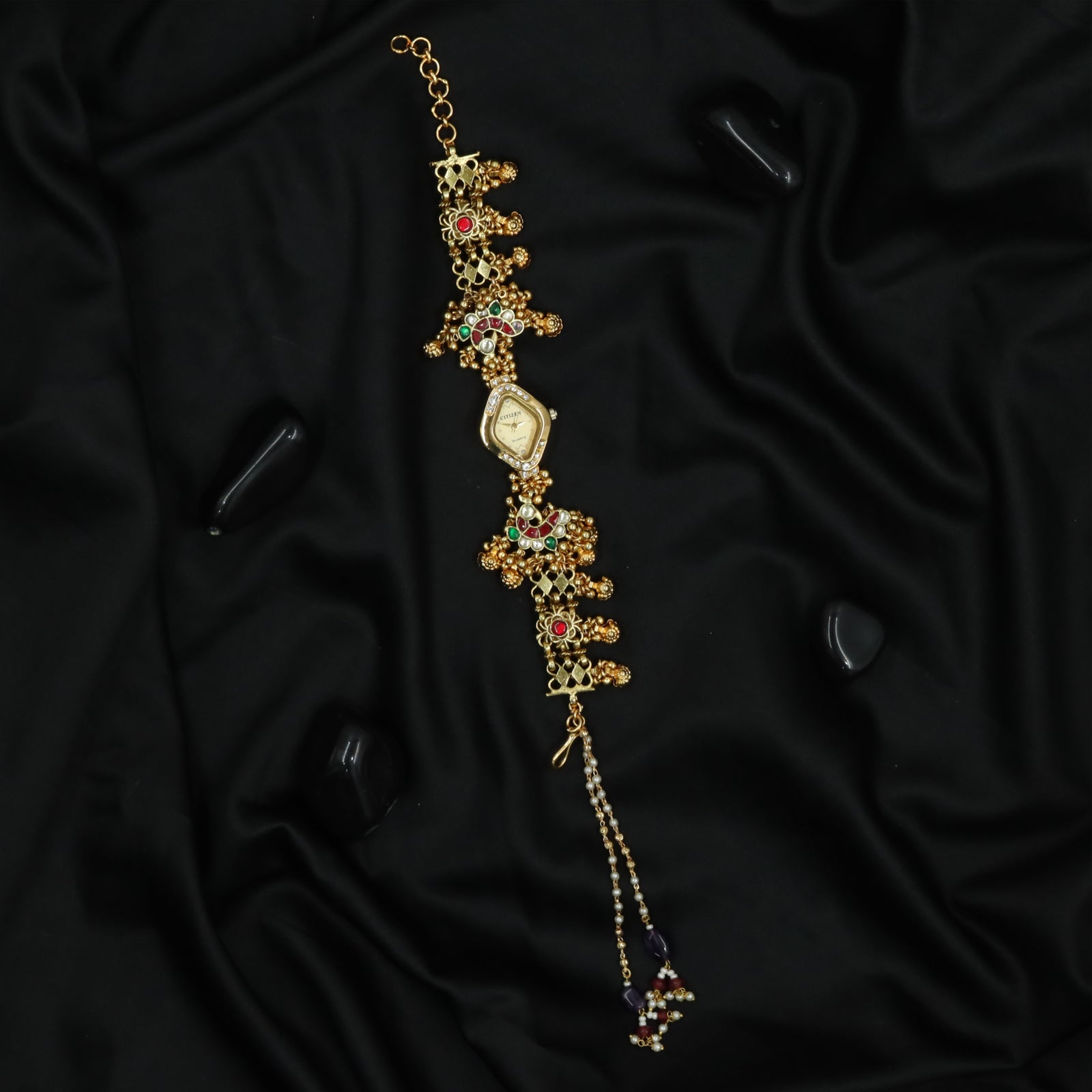 Peacock Cluster Kundan Watch with Diamond Grid Panels and Hanging Tassel Detail