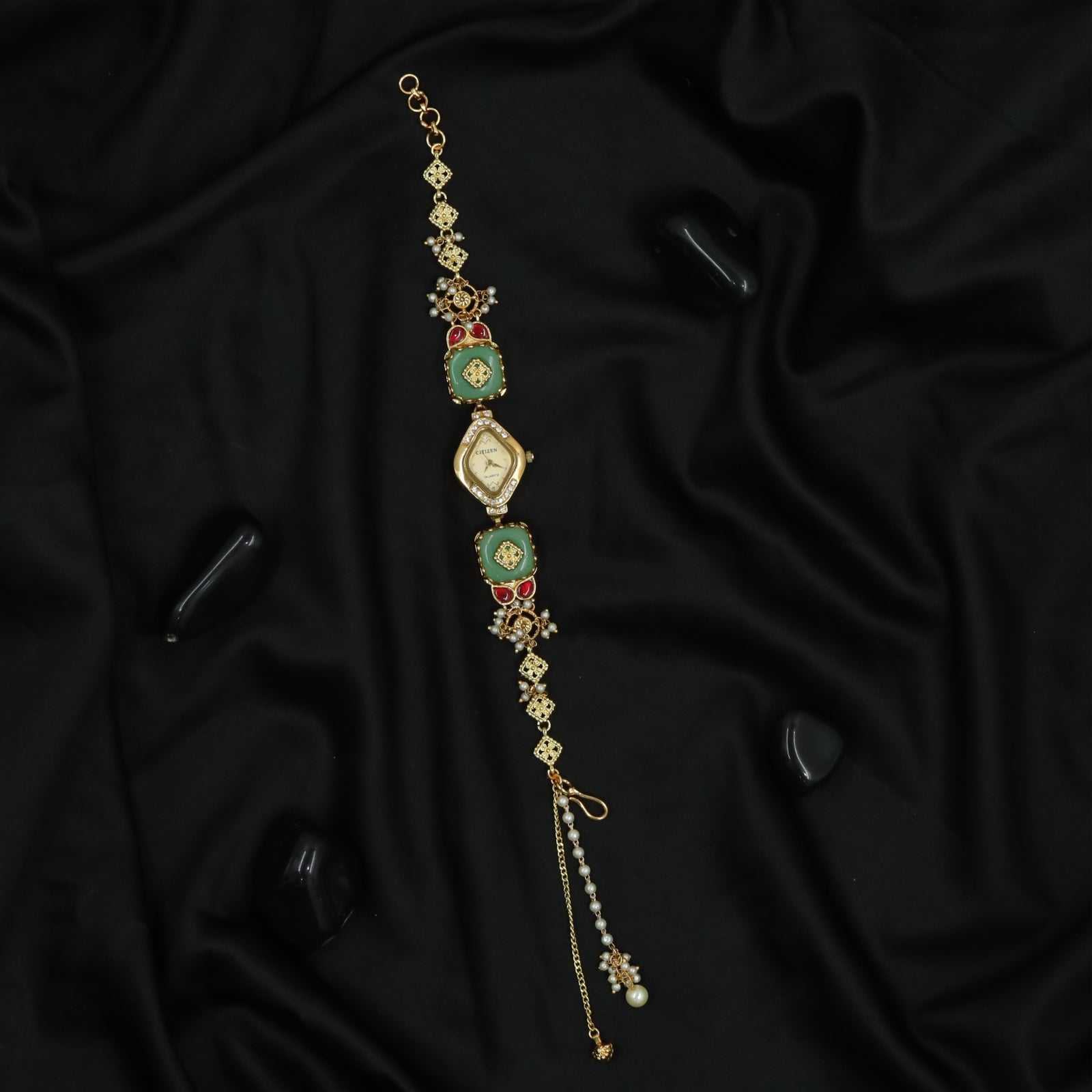 Square Panel Kundan Watch with Floral Centre Motifs and Chain Tassel Extension