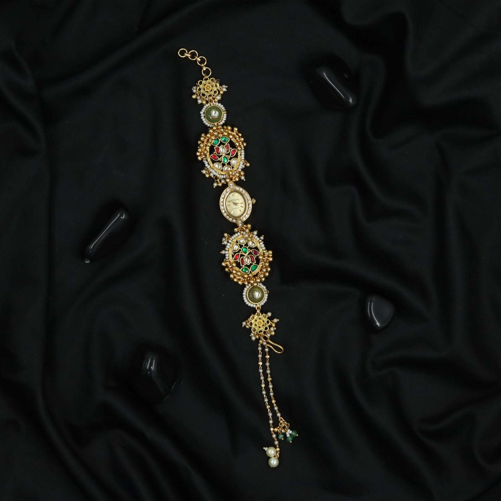 Grand Floral Cluster Kundan Watch with Ornate Round Units and Tassel Extension