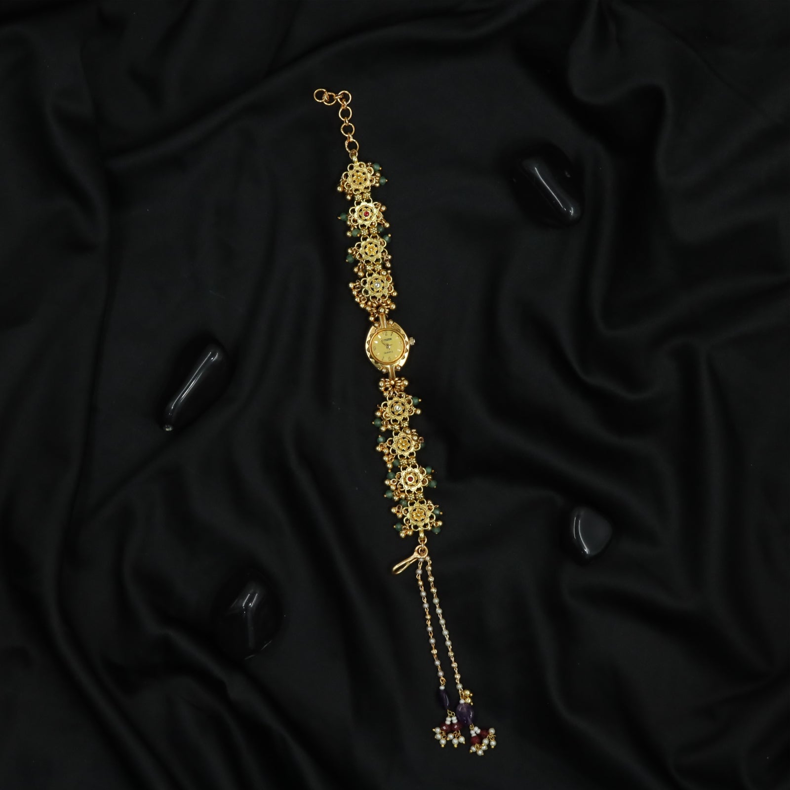Classic Floral Pattern Kundan Watch with Linked Motifs and Chain Drop Detail