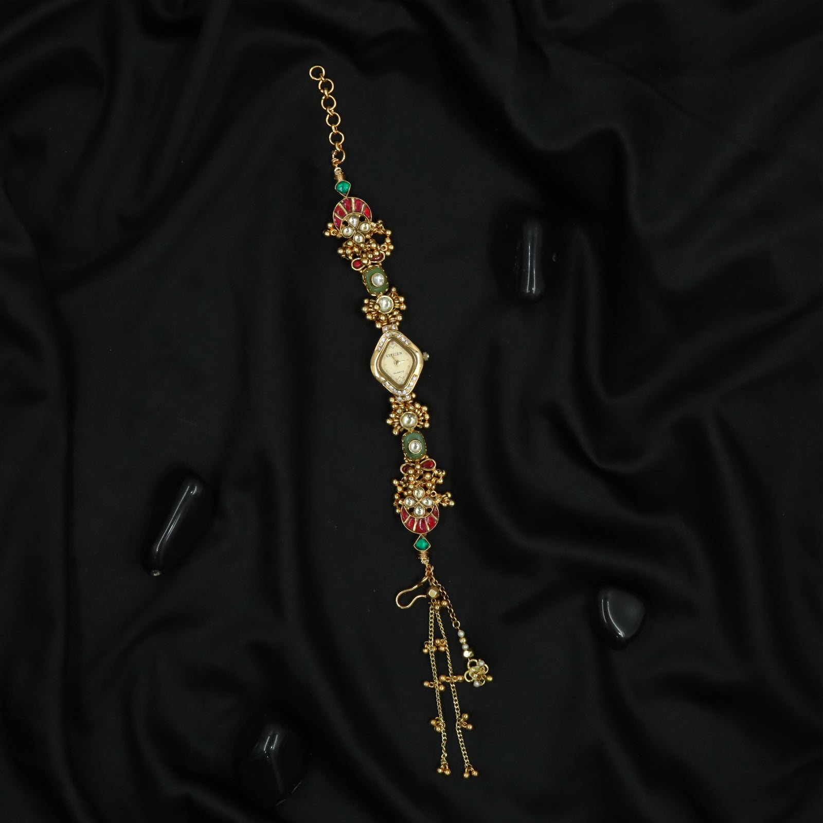 Floral Cluster Kundan Watch with Multi Panel Links and Chain Tassel Extension