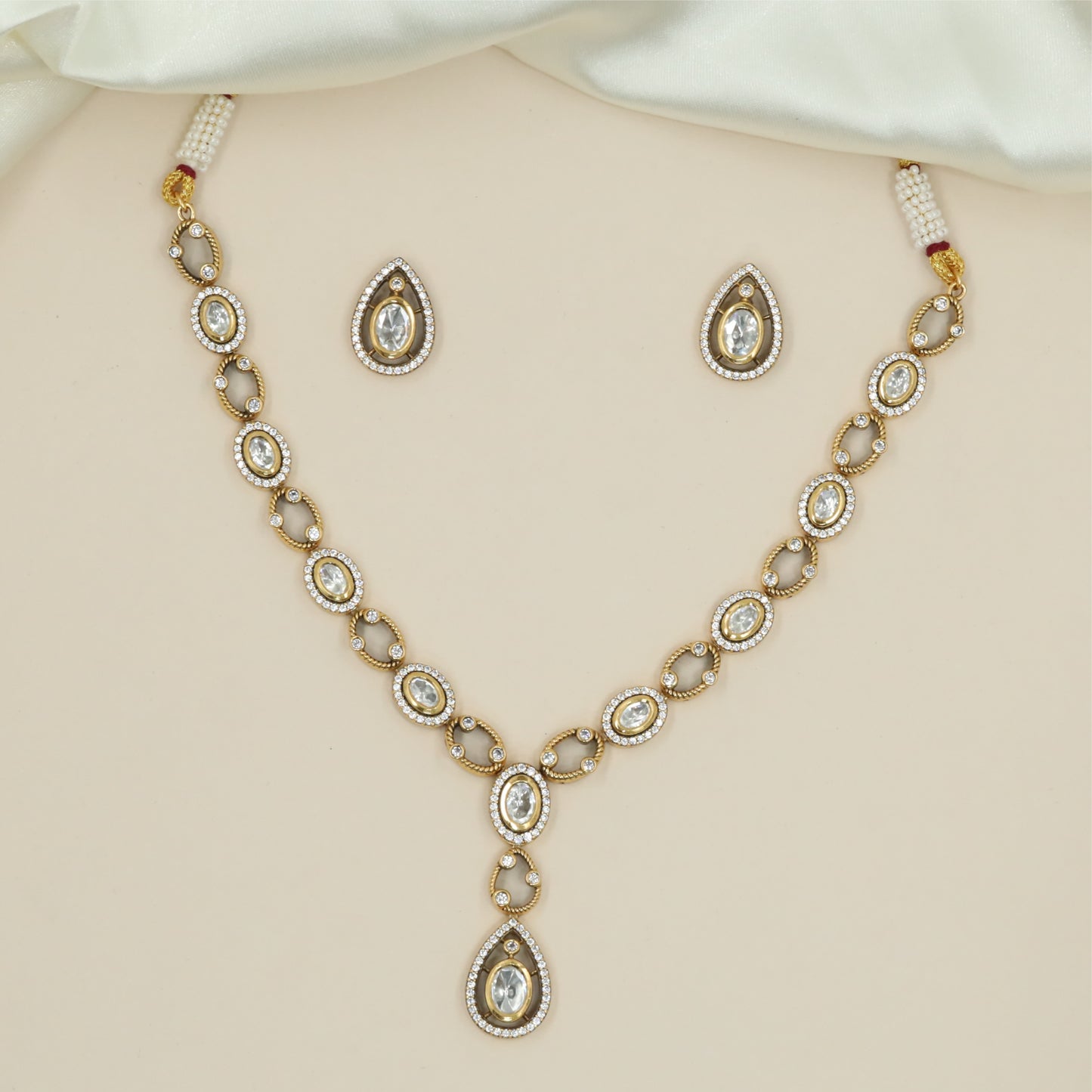 Harmonised Oval Frame Kundan Necklace with Open Connectors and Drop Extension