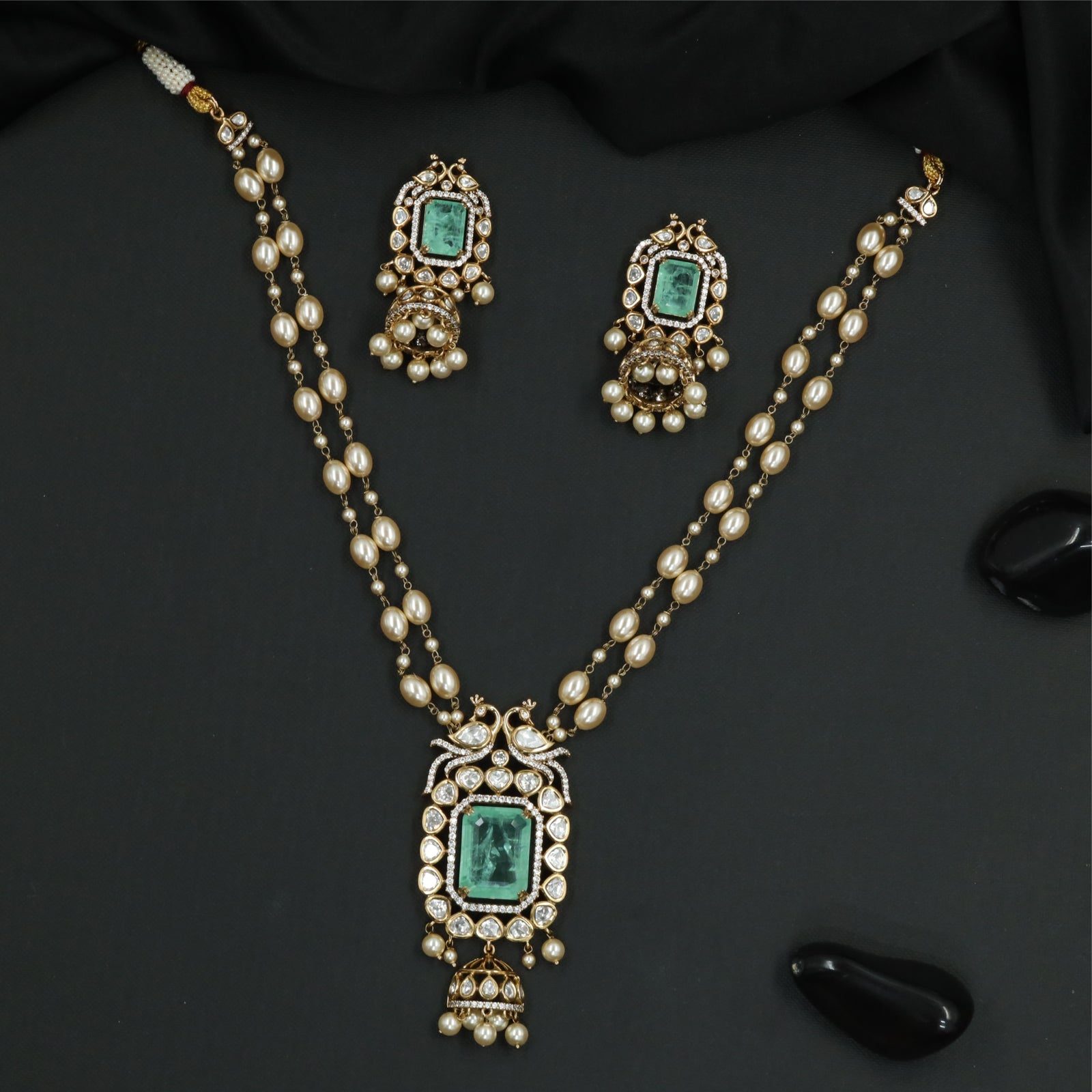 Artisan Dual Chain Kundan Pearl Necklace with Peacock Motif and Rectangular Pendant