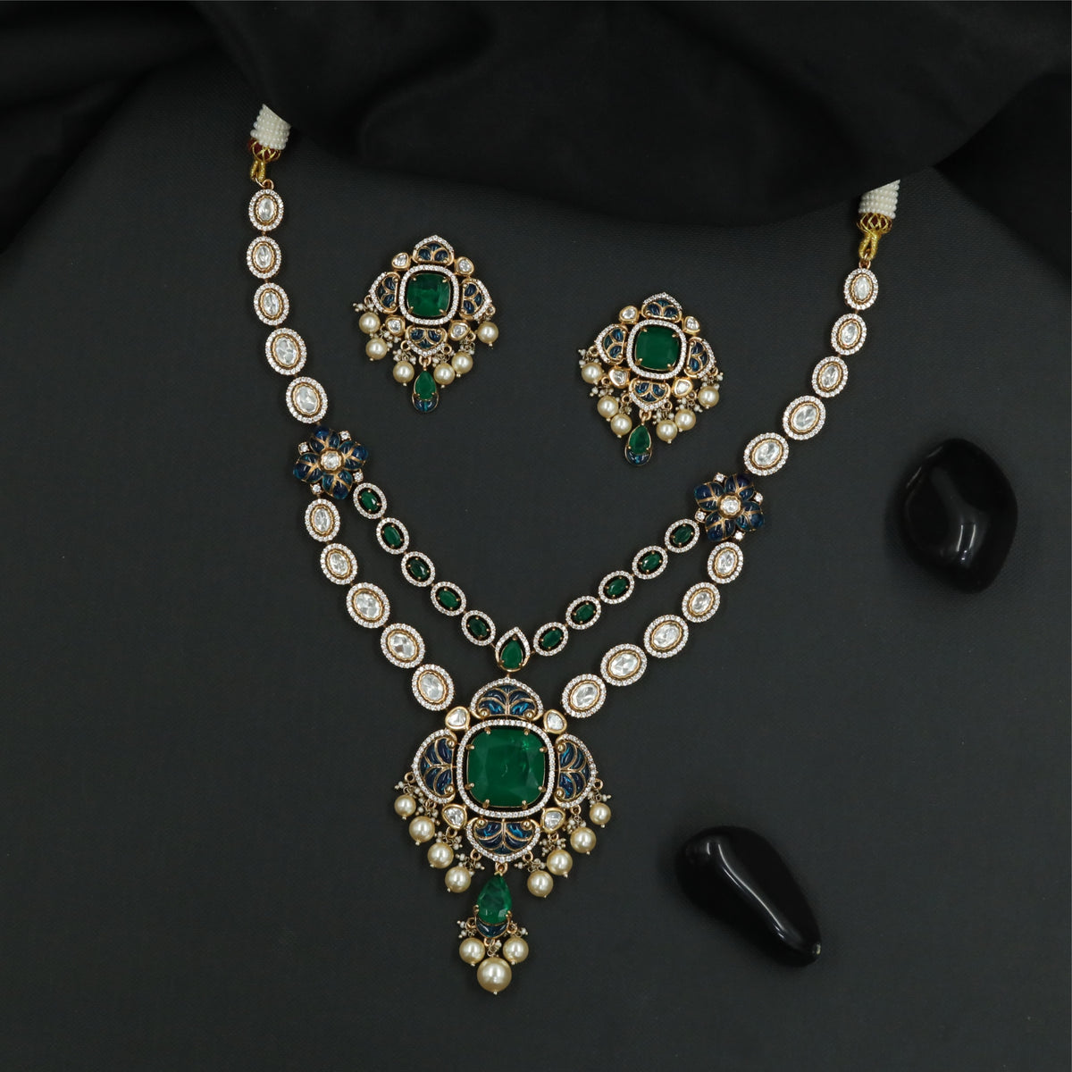 Detailed Dual Chain Kundan Necklace with Floral Side Elements and Dangling Centrepiece