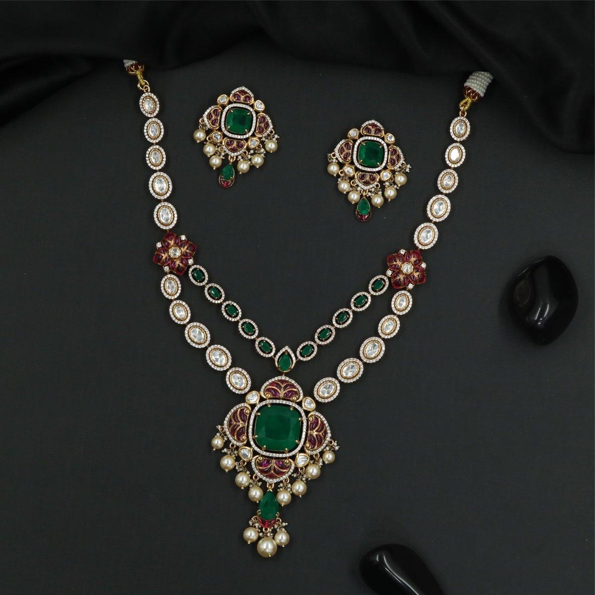 Detailed Dual Chain Kundan Necklace with Floral Side Elements and Dangling Centrepiece