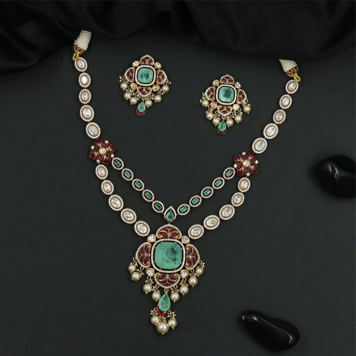 Detailed Dual Chain Kundan Necklace with Floral Side Elements and Dangling Centrepiece