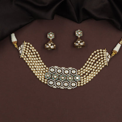 Hexagon Panel Kundan Pearl Choker with Multi Strand Bead Rows and Structured Centre