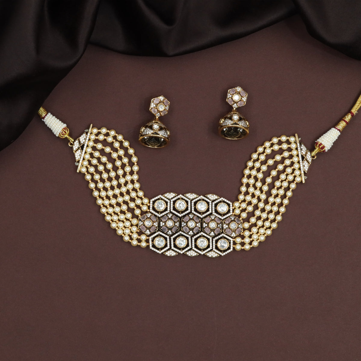 Hexagon Panel Kundan Pearl Choker with Multi Strand Bead Rows and Structured Centre