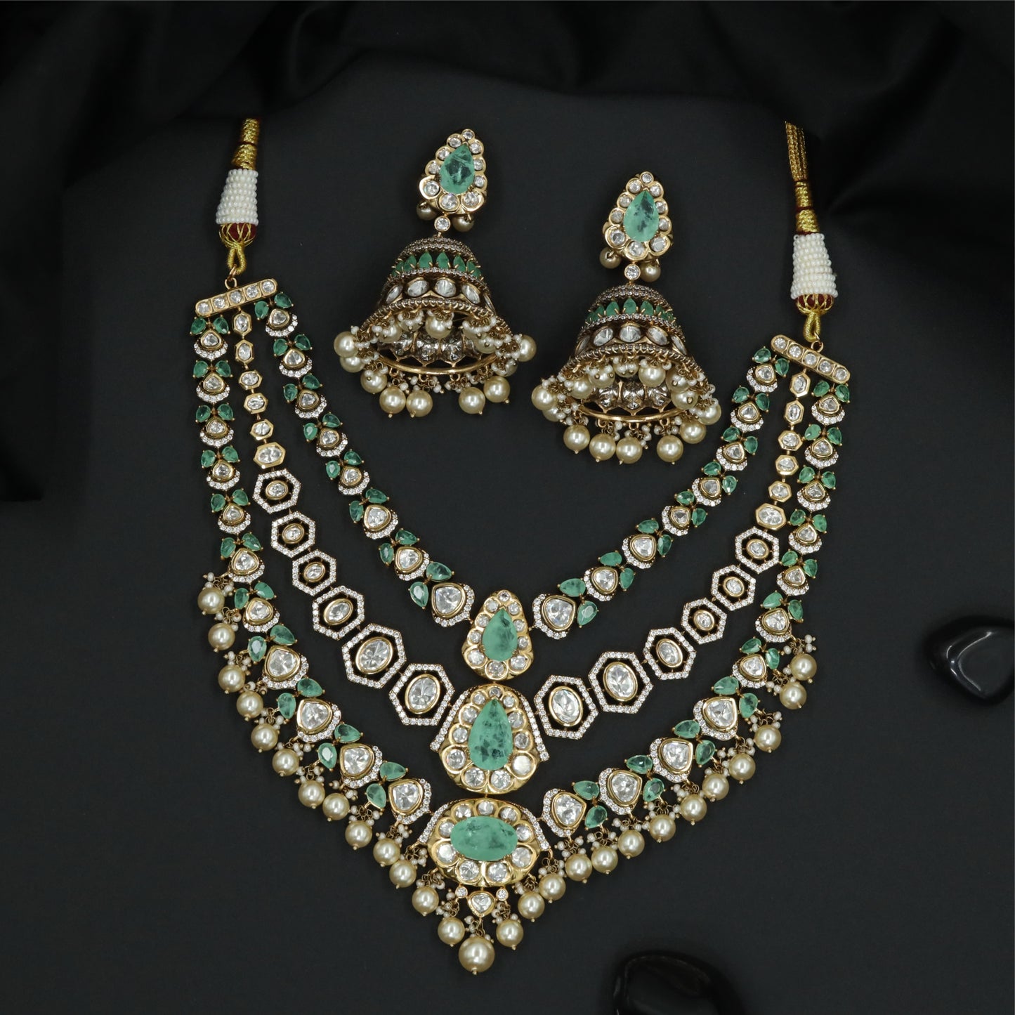 Angular Hexagon Link Kundan Necklace with Dual Rows and Pearl Danglers