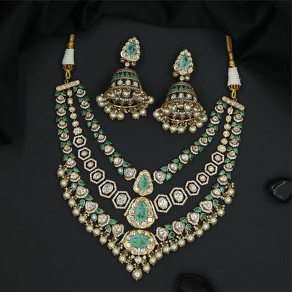 Angular Hexagon Link Kundan Necklace with Dual Rows and Pearl Danglers