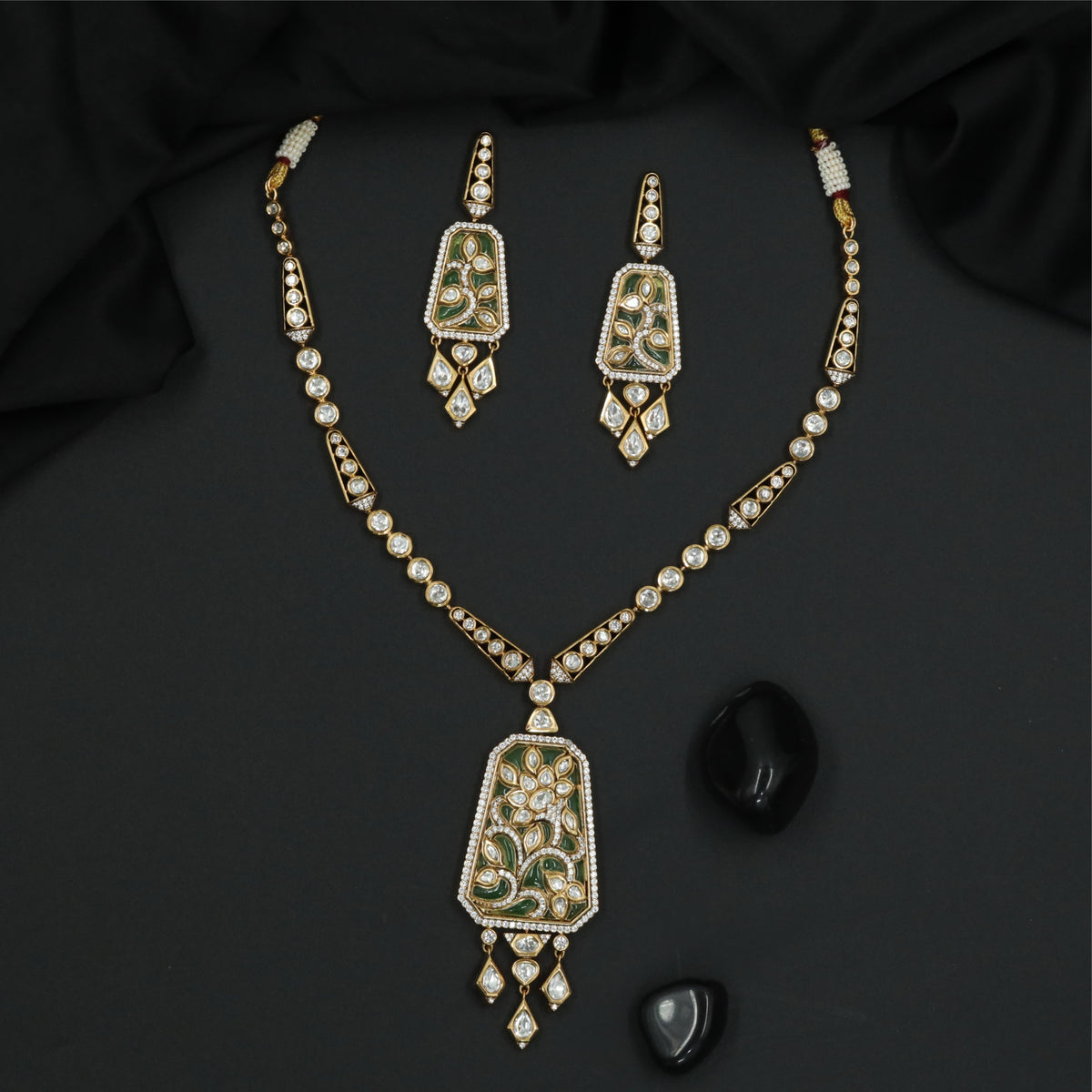 Beaded Linear Frame Kundan Necklace with Extended Pendant Panel and Dangling Drops