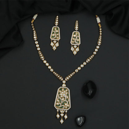 Beaded Linear Frame Kundan Necklace with Extended Pendant Panel and Dangling Drops