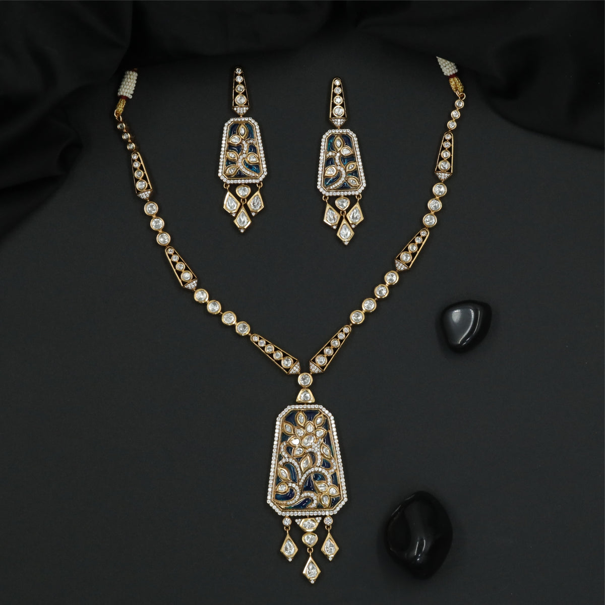 Beaded Linear Frame Kundan Necklace with Extended Pendant Panel and Dangling Drops