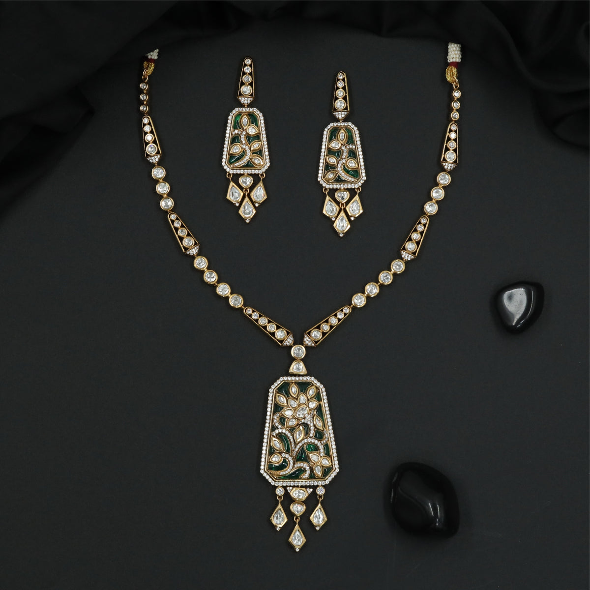 Beaded Linear Frame Kundan Necklace with Extended Pendant Panel and Dangling Drops