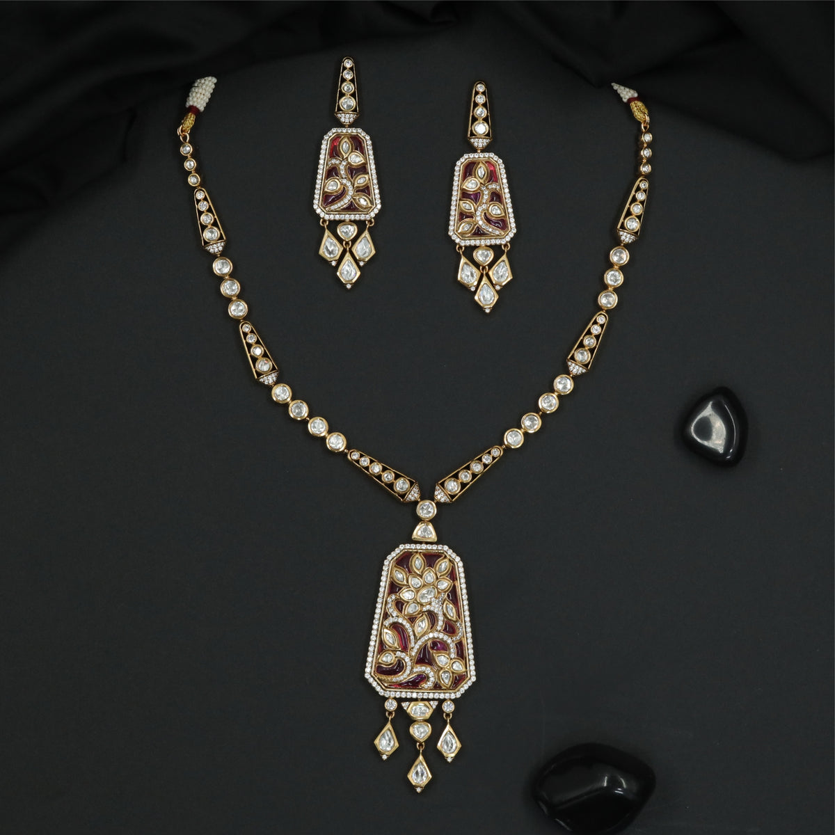 Beaded Linear Frame Kundan Necklace with Extended Pendant Panel and Dangling Drops