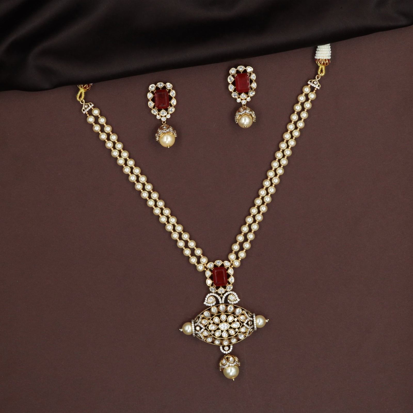 Dual Strand Kundan Pearl Necklace with Oval Centre Pendant and Drop Bead