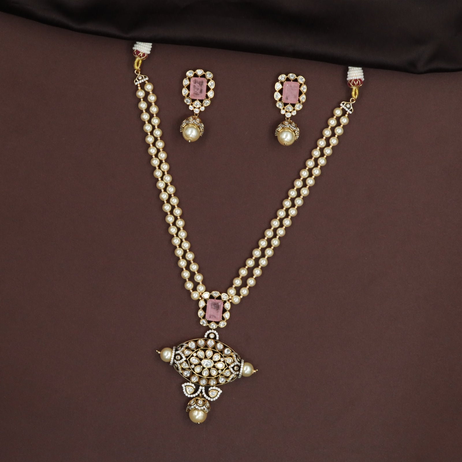 Dual Strand Kundan Pearl Necklace with Oval Centre Pendant and Drop Bead