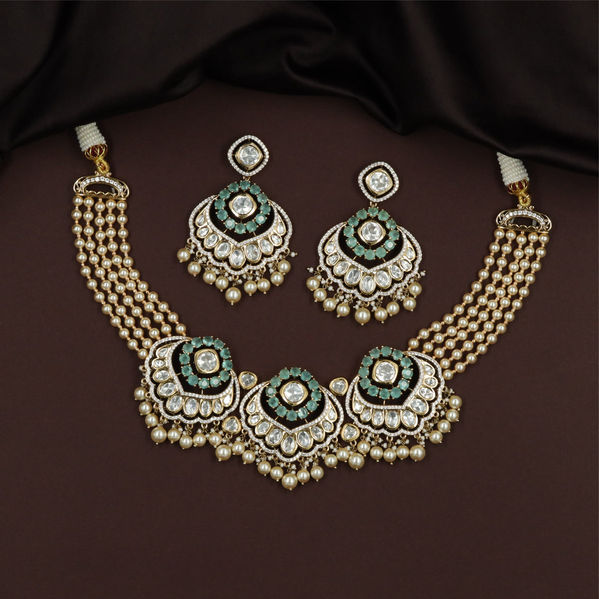 Beaded Multi Strand Kundan Pearl Choker with Scalloped Panels and Drop Accents