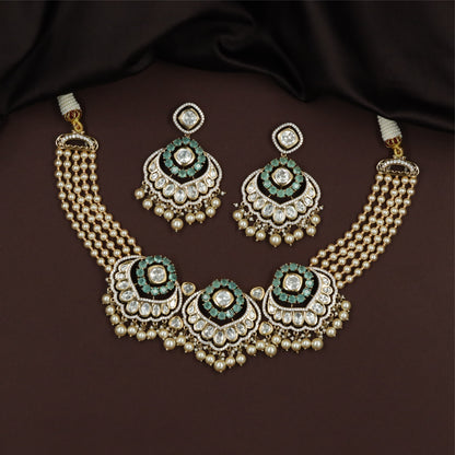 Beaded Multi Strand Kundan Pearl Choker with Scalloped Panels and Drop Accents
