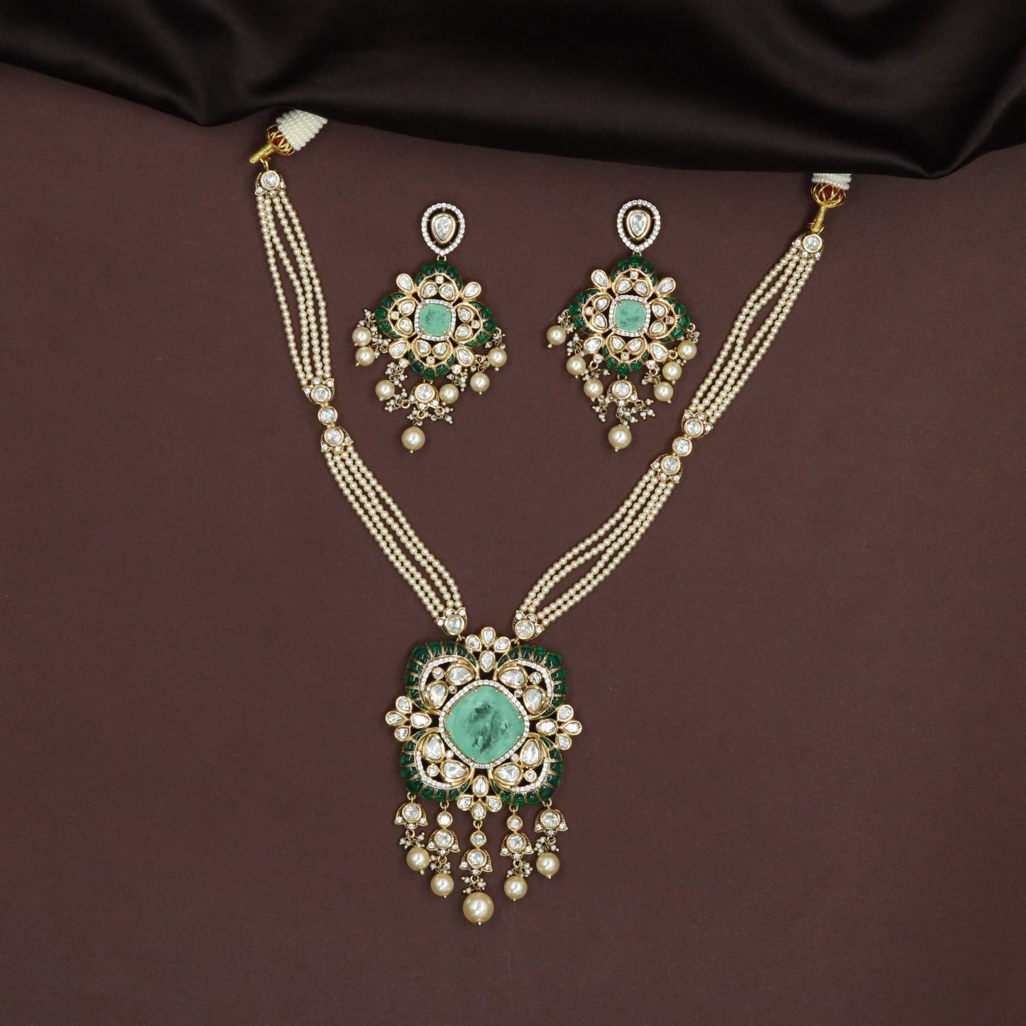 Detailed Pearl Work Kundan Necklace with Floral Centre and Dangling Beads