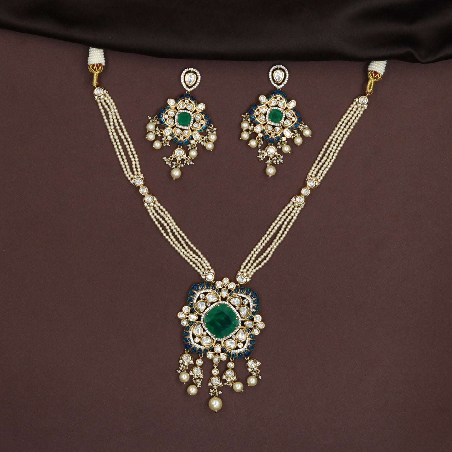 Detailed Pearl Work Kundan Necklace with Floral Centre and Dangling Beads