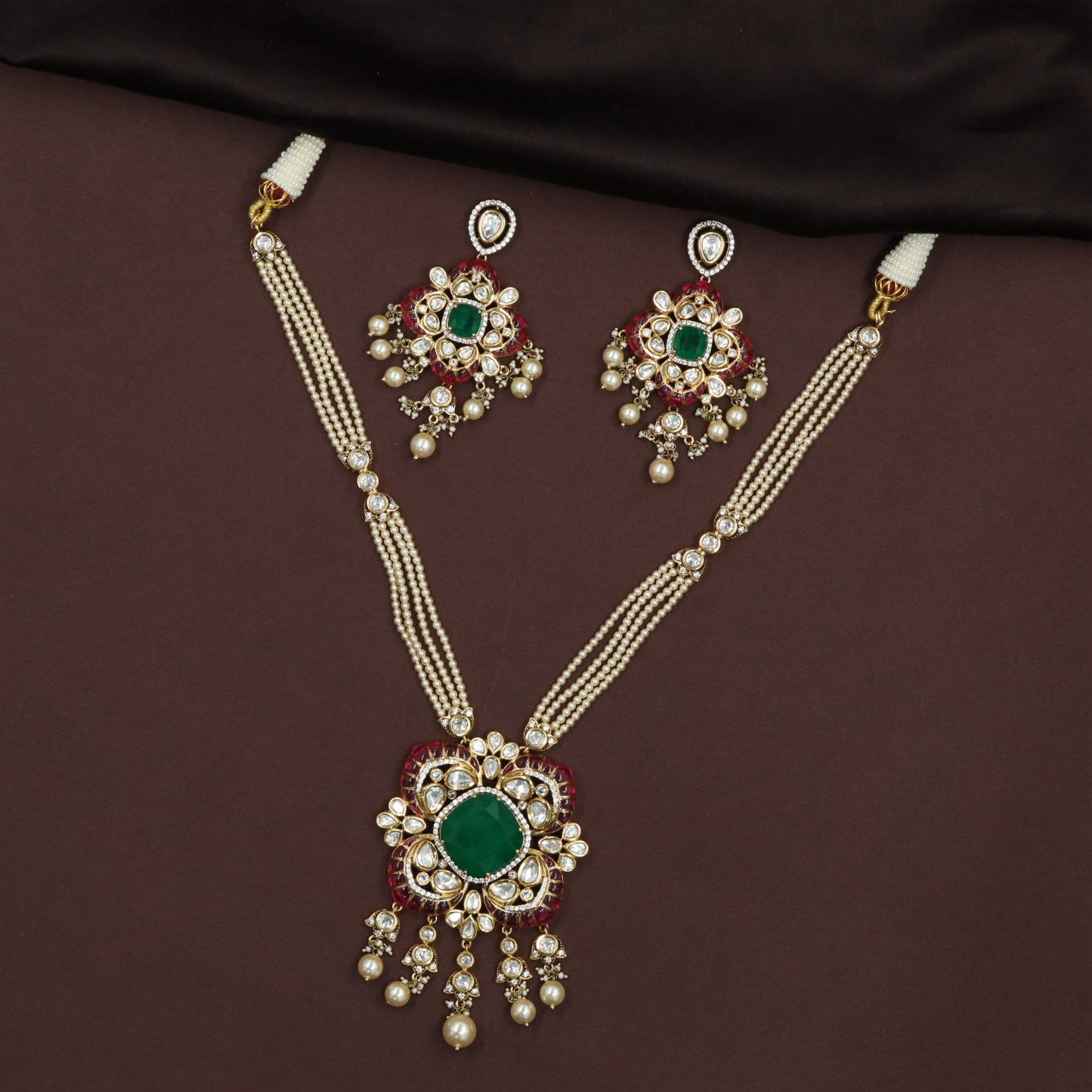 Detailed Pearl Work Kundan Necklace with Floral Centre and Dangling Beads