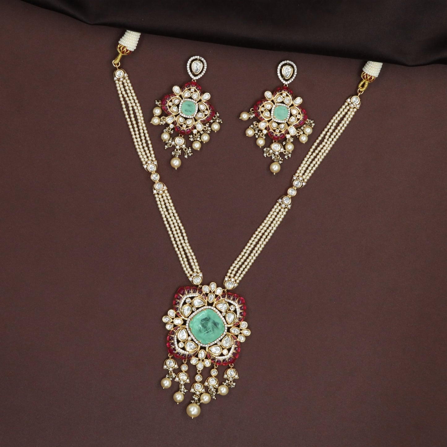 Detailed Pearl Work Kundan Necklace with Floral Centre and Dangling Beads