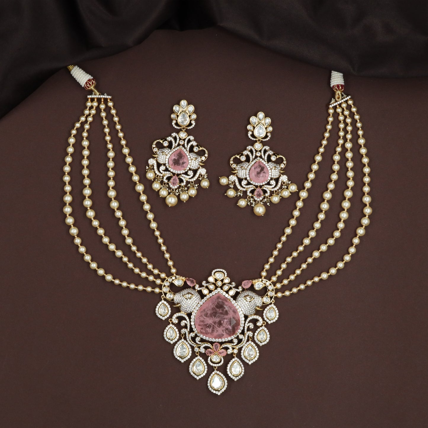 Royal Elephant Design Kundan Necklace with Multi Strand Pearl Flow and Drop Detailing