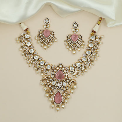 Curving Teardrop Link Kundan Necklace with Grand Central Pendant and Pearl Drops