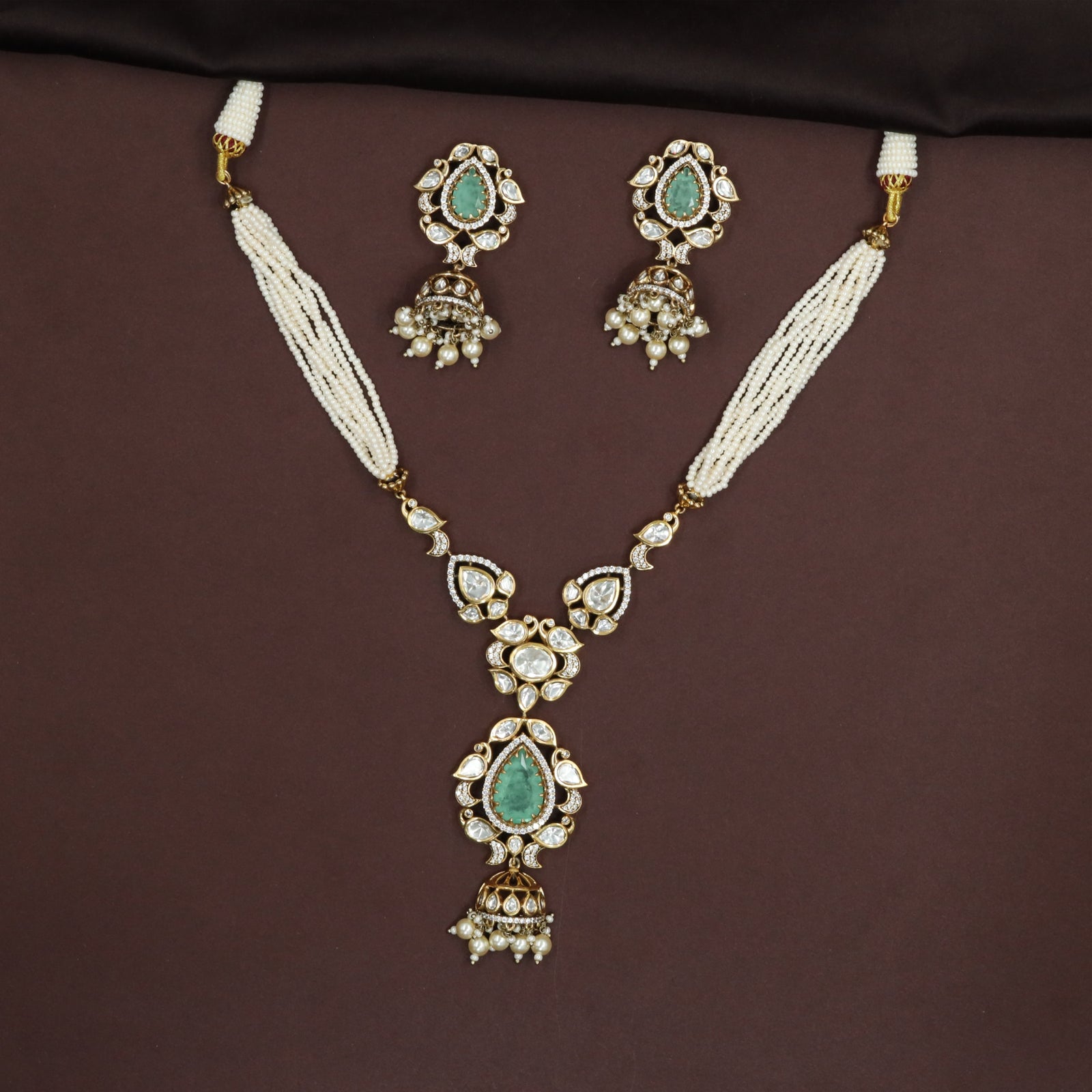 Graceful Multi Strand Kundan Pearl Necklace with Teardrop Pendant and Jhumka Drop